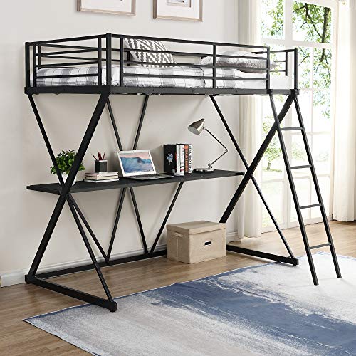 Verbesserte Version von dickem Metallbett mit Schreibtisch, Bester Loft Studiobettrahmen in Einzelgröße, robuster X-förmiger Rahmen mit Leiter und Geländer Länge Verbesserte Version von dickem Metallbett mit Schreibtisch, Bester Loft Studiobettrahmen in Einzelgröße, robuster X-förmiger Rahmen mit Leiter und Geländer Länge von HDGTDR3SS2865SSSSTT