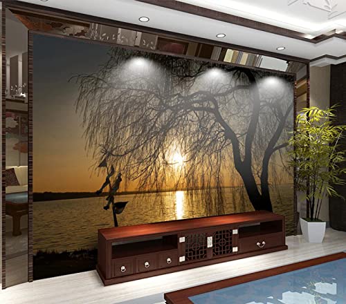 HDHGKYY 3D Wohnzimmer Tapete Sonnenuntergang Sonnenuntergang Seeblick Trauerweide Hintergrund Wandbild Heimdekoration Wandmalerei Wandkunst Wandaufkleber von HDHGKYY