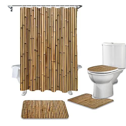 HDHGKYY 4 Teile/Satz Bambus Retro Shabby Plant Badezimmer Duschvorhang Badematte Teppich Teppiche Set WC Deckel Abdeckung Fußmatten Badzubehör von HDHGKYY