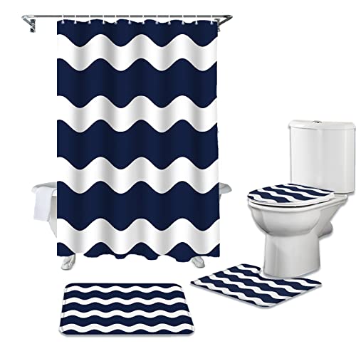 HDHGKYY 4 Teile/Satz Dunkelblau Weiß Wellpappe Bad Duschvorhang Badematte Duschvorleger Teppich Set WC Abdeckung Bodenmatte Badzubehör von HDHGKYY