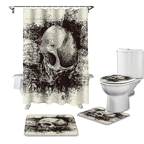 HDHGKYY Duschvorhang 4-teiliges Set Totenkopf Spritzer Tinte wasserdichter Duschvorhang WC-Sitz U-förmiges Konturkissen Rutschfester Teppich Badezimmerdekoration von HDHGKYY