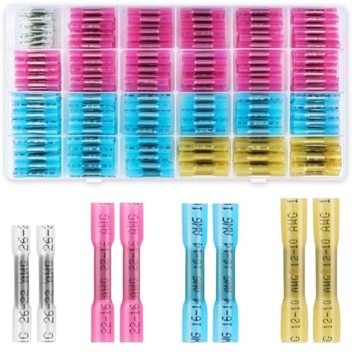Stoßverbinder 250 Stück 26-10 AWG Schrumpfverbinder, Kabelverbinder Wasserdicht, Stossverbinder mit Schrumpfschlauch, Kabelschuhe Quetschverbinder Set, Rot/Blau/Gelb/Weiß von HDHGXUJRD