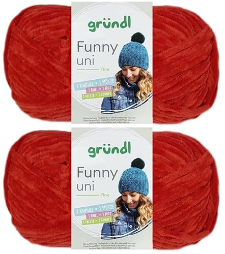 2x100 Gramm Gründl Funny Uni Chenillegarn inkl. Anleitung für Funny Bunny (11 Kirschrot) von HDK-VERSAND