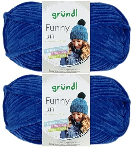 2x100 Gramm Gründl Funny Uni Chenillegarn inkl. Anleitung für Funny Bunny (14 Royalblau) von HDK-VERSAND