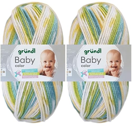 2x50 Gramm Gründl Baby Color Wolle Set inkl. Anleitung für Baby Teddybär (04 Gletscherblau-Grasgrün-Narzisse-Weiss) von HDK-VERSAND