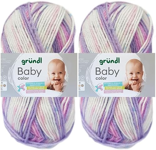 2x50 Gramm Gründl Baby Color Wolle Set inkl. Anleitung für Baby Teddybär (07 Flieder-Mauve-Rosa-Weiss) von HDK-VERSAND
