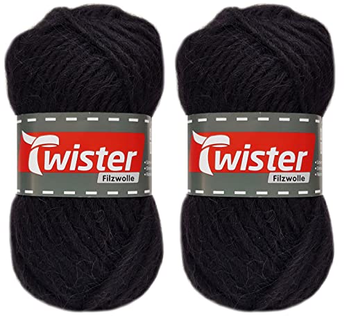 2x50 Gramm Twister Filzwolle Uni inkl. Anleitung für Topflappen (90 Schwarz) von HDK-VERSAND