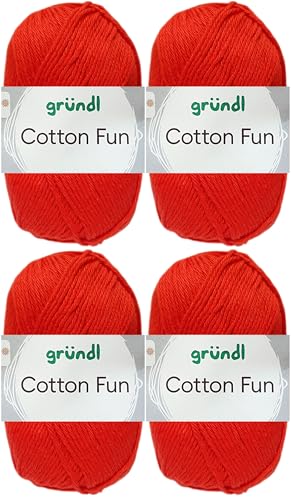 4x50 Gramm Gründl Cotton Fun Häkelgarn aus 100% Baumwolle inkl. Anleitung für Einkaufsnetz (06 Signalrot) von HDK-VERSAND