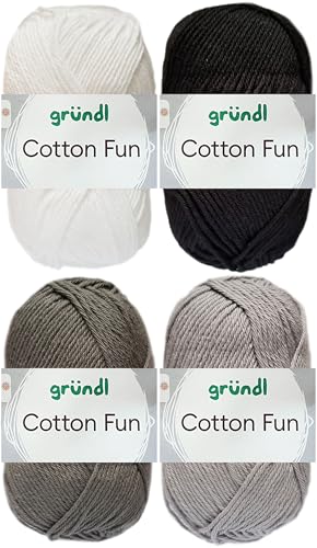 4x50 Gramm Gründl Cotton Fun Häkelgarn aus 100% Baumwolle inkl. Anleitung für Einkaufsnetz Bunt Mix Set (Set 1 (Schwarz Weiss Mix)) von HDK-VERSAND