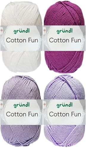 4x50 Gramm Gründl Cotton Fun Häkelgarn aus 100% Baumwolle inkl. Anleitung für Einkaufsnetz Bunt Mix Set (Set 9 (Lila Mix)) von HDK-VERSAND
