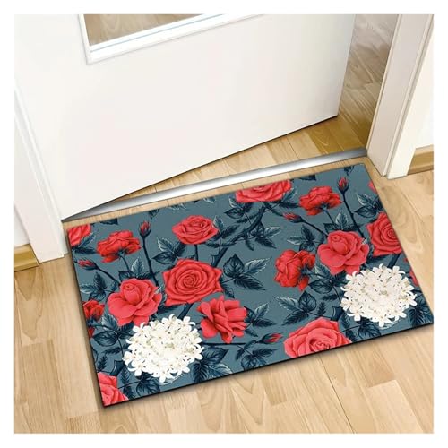 HDKAH Rose Gedruckt Fußmatte Schlafzimmer Nachttisch Teppich Balkon Badezimmer Saugfähigen Flanell Dekor Teppiche for Zuhause(Blue red) von HDKAH