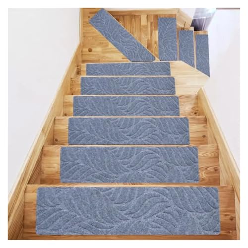 HDKAH Selbstklebende Treppenstufenteppiche TPR rutschfeste Trittmatte 76x20cm wiederholt gebürsteter geprägter Teppich(Light Blue) von HDKAH