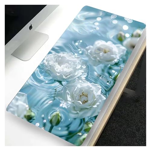HDKAH Wasser- und Blumen-Mauspad, XXL-Schreibtischunterlage in Blau, Rosa, Grün, Weiß, stilvolles Design for Computer, Büros und Gaming-Tastaturen(Blue White,30x60cm) von HDKAH