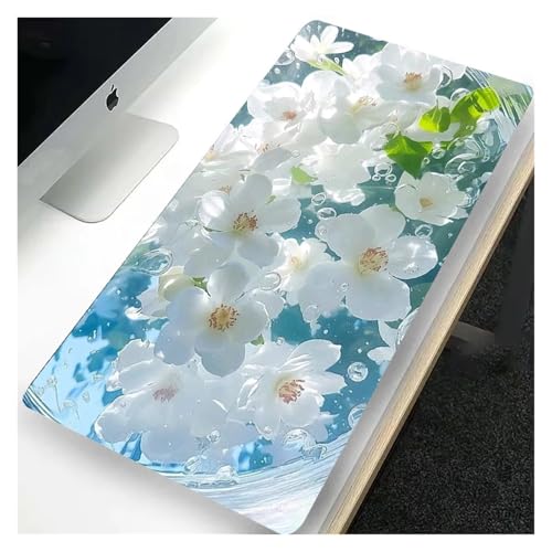 HDKAH Wasser- und Blumen-Mauspad, XXL-Schreibtischunterlage in Blau, Rosa, Grün, Weiß, stilvolles Design for Computer, Büros und Gaming-Tastaturen(White Blue,30x60cm) von HDKAH