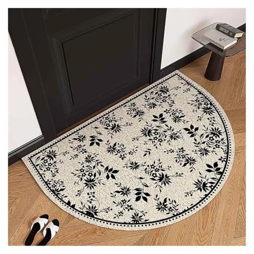 Halbrunde Blumen-Fußmatte, rutschfest, zuschneidbare Spulen-Bodenmatte, geeignet for den Eingangsbereich der Küche zu Hause, Bodendekoration(White Black,60x90cm) von HDKAH