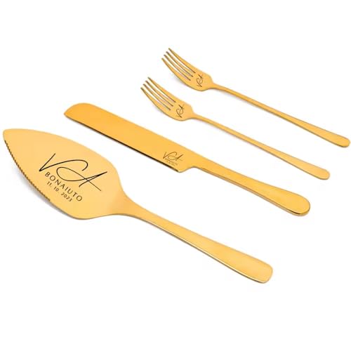 HDLOVE Personalisiertes Kuchenmesser Und Servieren Set, Benutzerdefinierte Name/Datum Hochzeitstorte Schneiden Set, Edelstahl-Messer Schaufel Und Gabeln Für Hochzeit, Jubiläum, Geburtstagsparty(Gold) von HDLOVE