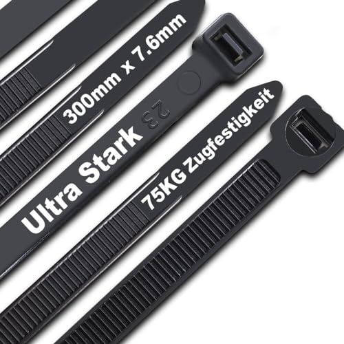 Kabelbinder Schwarz 300 mm x 7,6 mm, UV-Beständig ultra stark Kabelbinder mit 75 kg Zugfestigkeit, 100 Stück Kabelbinder Schwarz 300 mm x 7,6 mm, UV-Beständig ultra stark Kabelbinder mit 75 kg Zugfestigkeit, 100 Stück von JQKX