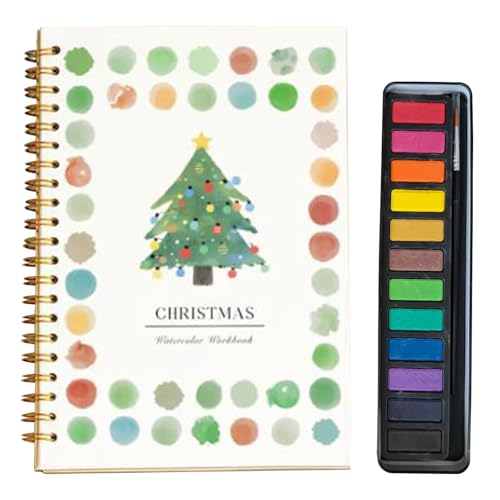 Aquarell Arbeitsbücher Anfänger Watercolor Workbook Beginner Mit 12-Teiliges Aquarellfarben-Set mit Pinsel, Aquarellbücher mit Vorlagen Für Malliebhaber (Weihnachten) von HDQQEU