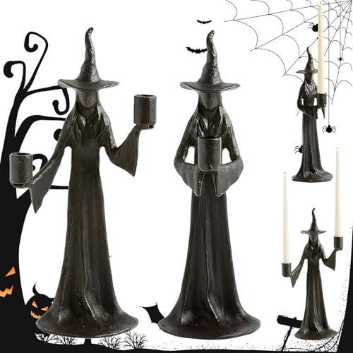 Hexen Kerzenhalter Kerzenständer Schwarz Halloween Harz Handbemalte Hexen Statue Teelichthalter Gotischer Halloween Witch Candle Holder Für Esstischkamin Küche Schlafzimmer, 20CM (A+B) von HDQQEU
