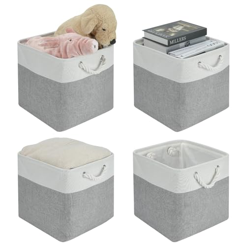 Aufbewahrungsbox Faltbox (4 Pack) 30x30x30,Großer Faltboxen Aufbewahrungskorb Stoff,Körbe Aufbewahrung,Ordnungsboxen,Körbe für Regale Kallax,für Kleidung Spielzeug Werkzeug Kleiderschrank (Grau/weiß) von HDRNT
