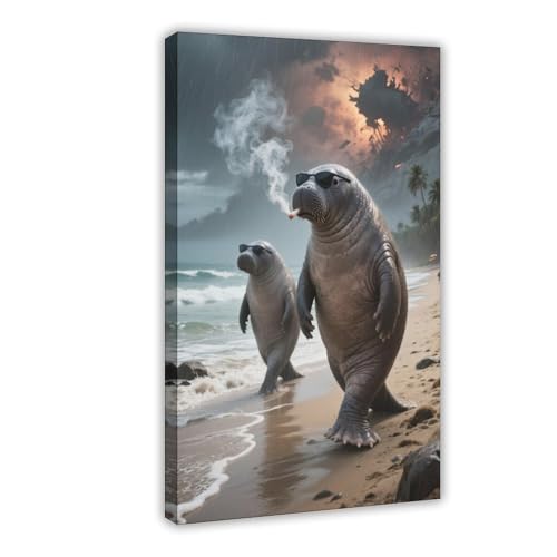 HDSDA Doomsday Manatee Beach Walk Poster (2) Leinwand-Poster, Wandkunst, Dekordruck, Bild Gemälde für Wohnzimmer, Schlafzimmer, Dekoration, 60 x 90 cm von HDSDA