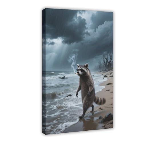 HDSDA Poster des Waschbär-Strandspaziergangs (1) Leinwand-Poster, Wandkunst, Dekordruck, Bild Gemälde für Wohnzimmer, Schlafzimmer, Dekoration, 50 x 75 cm von HDSDA
