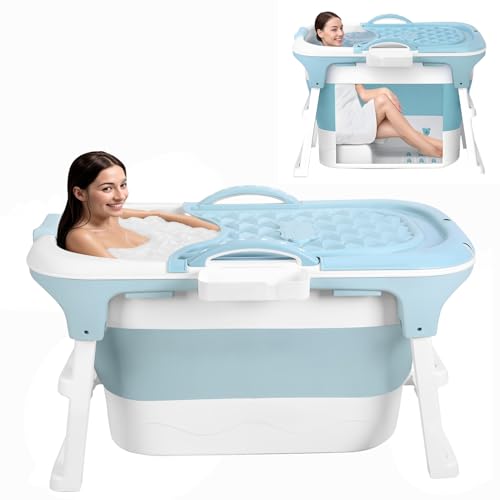 39" Faltbare tragbare Badewanne for Erwachsene - Ergonomischer Sitz mit Massagedesign, leichte freistehende Wanne(Blue) von HDSDVNON