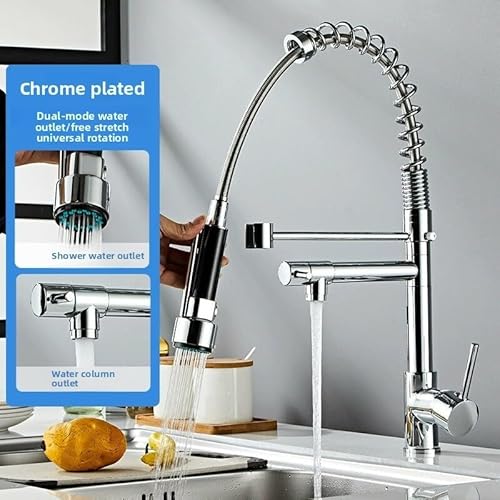 Einziehbarer Küchenhahn mit Edelstahlfeder, Doppelbrause, Einloch-Deckplatte for Spüle und gefiltertes Wasser(Chrome a) von HDSDVNON