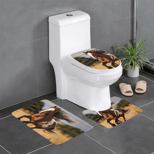 Badezimmerteppich-Set, Pferdemotiv, 3-teilig, Badematte, Flanell-Matten, für U-förmige WC, Badewanne, Dusche von HDSKFNS