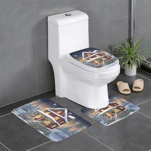 Badezimmerteppich-Set, Weihnachtsdorfhaus-Druck, 3-teilig, Badematte, Badezimmer, Flanellmatten, für U-förmige WC-Wanne, Dusche Badezimmerteppich-Set, Weihnachtsdorfhaus-Druck, 3-teilig, Badematte, Badezimmer, Flanellmatten, für U-förmige WC-Wanne, Dusche von HDSKFNS