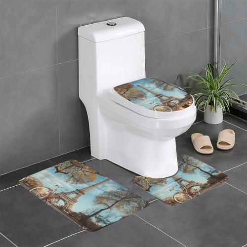 HDSKFNS Badezimmerteppich-Set, Eiffelturm, Fahrrad-Druck, 3-teilig, Badvorleger, Badezimmer, Flanellmatten, für U-förmige WC-Wanne, Dusche von HDSKFNS