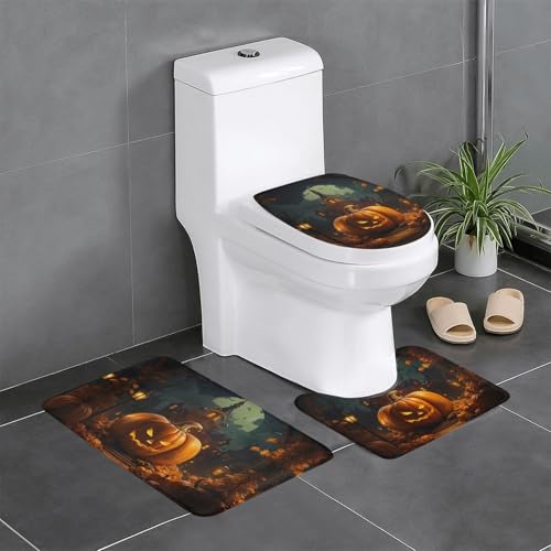 HDSKFNS Badezimmerteppich-Set, Kürbis-Halloween-Druck, 3-teilig, Badematte, Badezimmer, Flanell-Matten, für U-förmige WC-Wanne, Dusche HDSKFNS Badezimmerteppich-Set, Kürbis-Halloween-Druck, 3-teilig, Badematte, Badezimmer, Flanell-Matten, für U-förmige WC-Wanne, Dusche von HDSKFNS