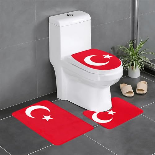 HDSKFNS Badezimmerteppich-Set, Motiv: Flagge der Türkei, 3-teilig, Badematte, Flanellmatten, für U-förmige WC-Wanne, Dusche HDSKFNS Badezimmerteppich-Set, Motiv: Flagge der Türkei, 3-teilig, Badematte, Flanellmatten, für U-förmige WC-Wanne, Dusche von HDSKFNS