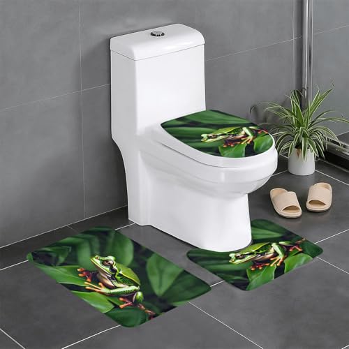 HDSKFNS Badezimmerteppich-Set, Motiv: Frosch, grüne Blätter, 3-teilig, Badvorleger, Badezimmer, Flanellmatten, für U-förmige WC-Wanne, Dusche HDSKFNS Badezimmerteppich-Set, Motiv: Frosch, grüne Blätter, 3-teilig, Badvorleger, Badezimmer, Flanellmatten, für U-förmige WC-Wanne, Dusche von HDSKFNS