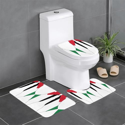 HDSKFNS Badezimmerteppich-Set, Motiv: Palästina-Flagge, 3-teilig, Badematte, Flanell-Matten, für U-förmige WC-Wanne, Dusche von HDSKFNS