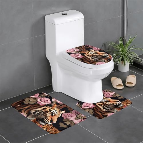 HDSKFNS Badezimmerteppich-Set, Motiv: Tiger, Leopardenmuster, Rosenmuster, 3-teilig, Badematte, Badematte, Flanellmatte, U-förmige WC-Wanne, Dusche HDSKFNS Badezimmerteppich-Set, Motiv: Tiger, Leopardenmuster, Rosenmuster, 3-teilig, Badematte, Badematte, Flanellmatte, U-förmige WC-Wanne, Dusche von HDSKFNS