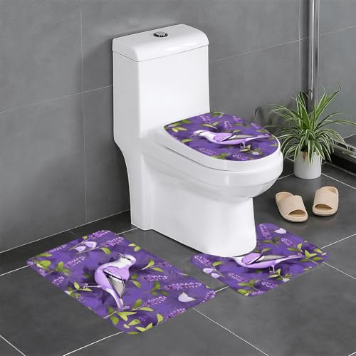 HDSKFNS Badezimmerteppich-Set, Motiv: Vogel in violettem Lavendel, Blumendruck, 3-teilig, Badematte, Badematte, Flanellmatte, U-förmige WC-Wanne, Dusche HDSKFNS Badezimmerteppich-Set, Motiv: Vogel in violettem Lavendel, Blumendruck, 3-teilig, Badematte, Badematte, Flanellmatte, U-förmige WC-Wanne, Dusche von HDSKFNS