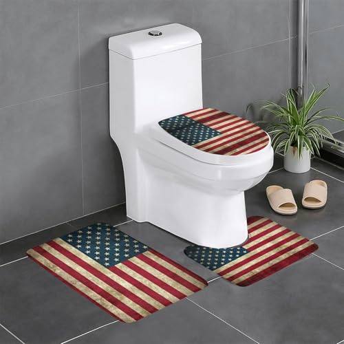 HDSKFNS Badezimmerteppich-Set, Motiv: amerikanische Flagge, 3-teilig, Badematte, Flanell-Matten, für U-förmige WC-Wanne, Dusche von HDSKFNS