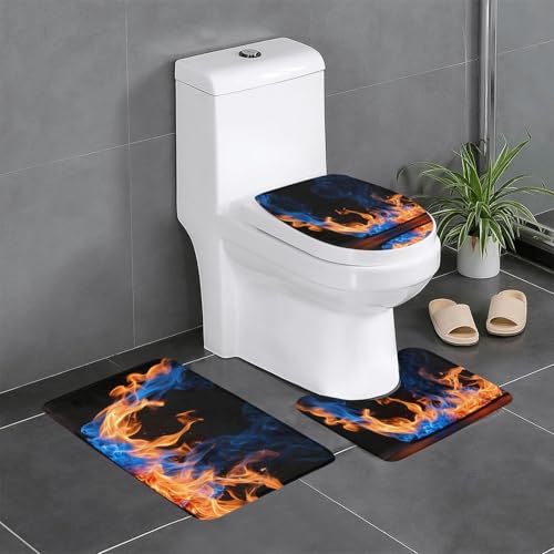 HDSKFNS Badezimmerteppich-Set, Motiv: blaue Flamme, 3-teilig, Badvorleger, Badezimmer, Flanellmatten, für U-förmige WC, Badewanne, Dusche von HDSKFNS