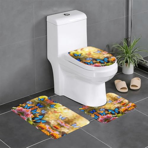 HDSKFNS Badezimmerteppich-Set, Motiv: blaue Schmetterlinge und Blumen, 3-teilig, Badematte, Badematte, Flanellmatte, U-förmige WC-Wanne, Dusche HDSKFNS Badezimmerteppich-Set, Motiv: blaue Schmetterlinge und Blumen, 3-teilig, Badematte, Badematte, Flanellmatte, U-förmige WC-Wanne, Dusche von HDSKFNS