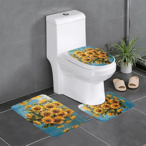 HDSKFNS Badezimmerteppich-Set, Ölgemälde, Sonnenblumen-Druck, 3-teilig, Badematte, Badezimmer, Flanellmatten, für U-förmige WC-Wanne, Dusche HDSKFNS Badezimmerteppich-Set, Ölgemälde, Sonnenblumen-Druck, 3-teilig, Badematte, Badezimmer, Flanellmatten, für U-förmige WC-Wanne, Dusche von HDSKFNS