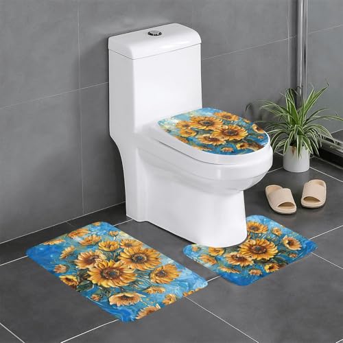 HDSKFNS Badezimmerteppich-Set, Ölgemälde, Sonnenblumen-Druck, 3-teilig, Badematte, Badezimmer, Flanellmatten, für U-förmige WC-Wanne, Dusche von HDSKFNS