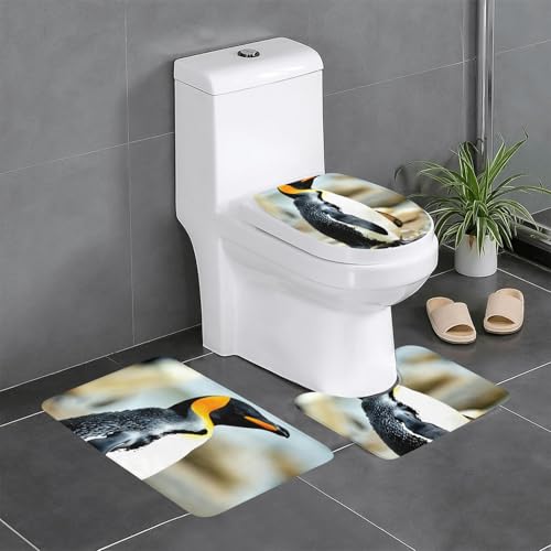 HDSKFNS Badezimmerteppich-Set, Pinguin-Druck, 3-teilig, Badematte, Badezimmer, Flanellmatten, für U-förmige WC, Badewanne, Dusche von HDSKFNS