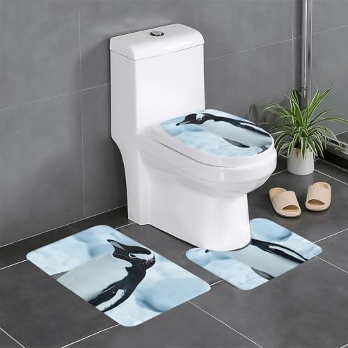 HDSKFNS Badezimmerteppich-Set, Pinguin-Druck, 3-teilig, Badematte, Badezimmer, Flanellmatten, für U-förmige WC, Badewanne, Dusche von HDSKFNS