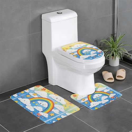 HDSKFNS Badezimmerteppich-Set, Regenbogenwolken, Regentropfen-Druck, 3-teilig, Badematte, Badezimmer, Flanellmatten, für U-förmige WC-Wanne, Dusche von HDSKFNS