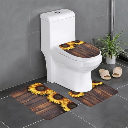 HDSKFNS Badezimmerteppich-Set, Sonnenblume auf Holzdielen, 3-teilig, Badematte, Flanellmatten, für U-förmige WC-Wanne, Dusche von HDSKFNS