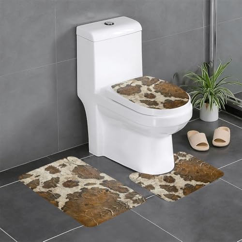 HDSKFNS Badezimmerteppich-Set, braunes Rindsleder, 3-teilig, Badematte, Flanell-Matten, für U-förmige WC, Badewanne, Dusche von HDSKFNS
