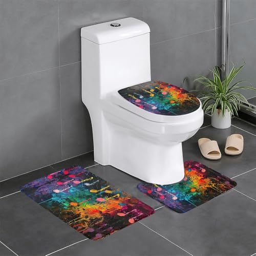 HDSKFNS Badezimmerteppich-Set, buntes Musiknoten-Druck, 3-teilig, Badematte, Badezimmer, Flanell-Matten, für U-förmige WC-Wanne, Dusche von HDSKFNS