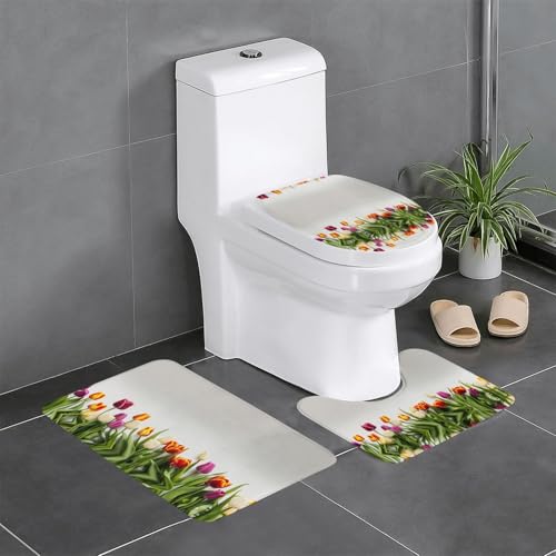 HDSKFNS Badezimmerteppich-Set, buntes Tulpenmuster, 3-teilig, Badematte, Flanell-Matten, für U-förmige WC-Wanne, Dusche von HDSKFNS