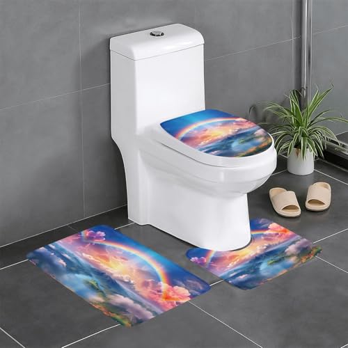 HDSKFNS Badezimmerteppich-Set, klein, Regenbogen-Druck, 3-teilig, Badematte, Flanell-Matten, für U-förmige WC-Wanne, Dusche von HDSKFNS